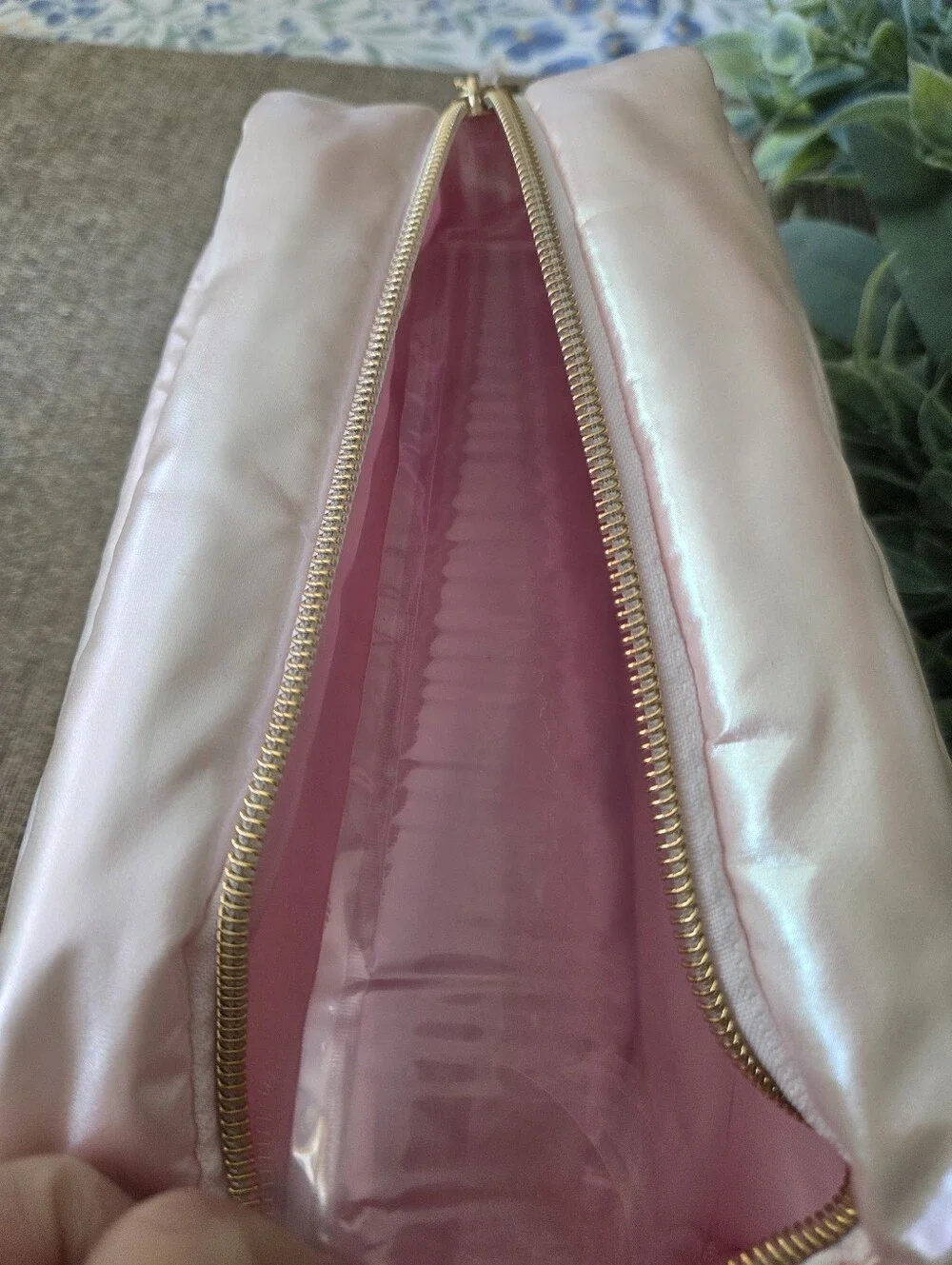 CHELSEA & BROOKE Pink Quilted Satin Cosmetic Pouch with Gold Star Accent